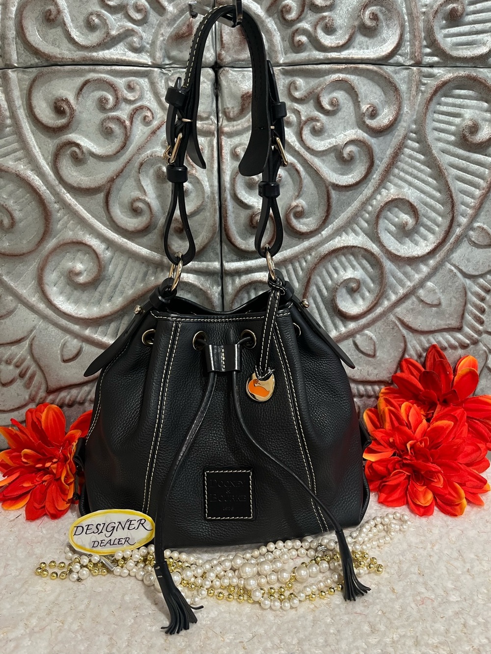 Dooney & Bourke Black Leather Drawstring Bucket Bag EUC!